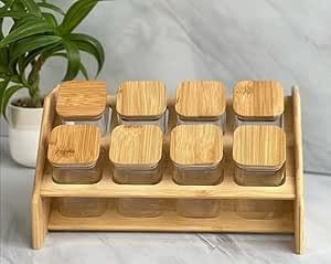 Glass Spice Jars Set with Bamboo Rack – 8 Pieces × 280ml | Kitchen Spice Organizer - Star El Helal