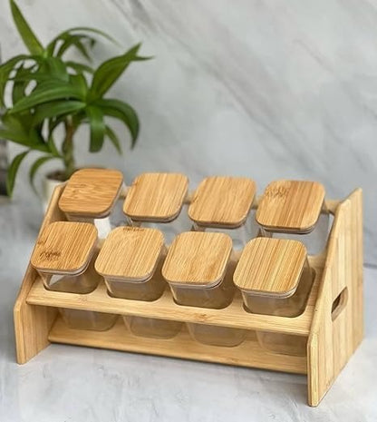 Glass Spice Jars Set with Bamboo Rack – 8 Pieces × 280ml | Kitchen Spice Organizer - Star El Helal