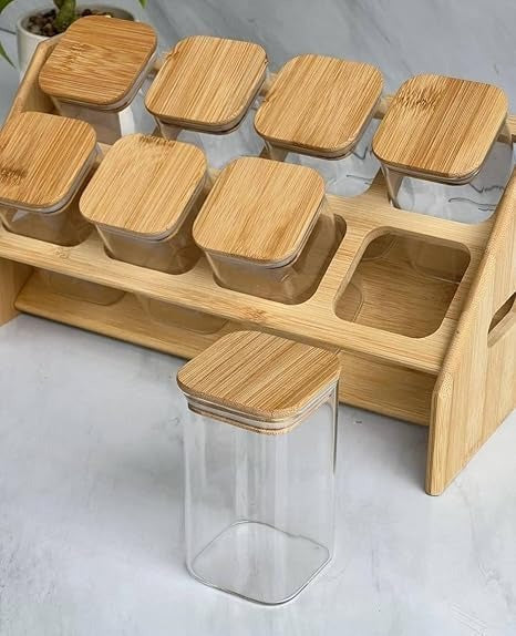 Glass Spice Jars Set with Bamboo Rack – 8 Pieces × 280ml | Kitchen Spice Organizer - Star El Helal